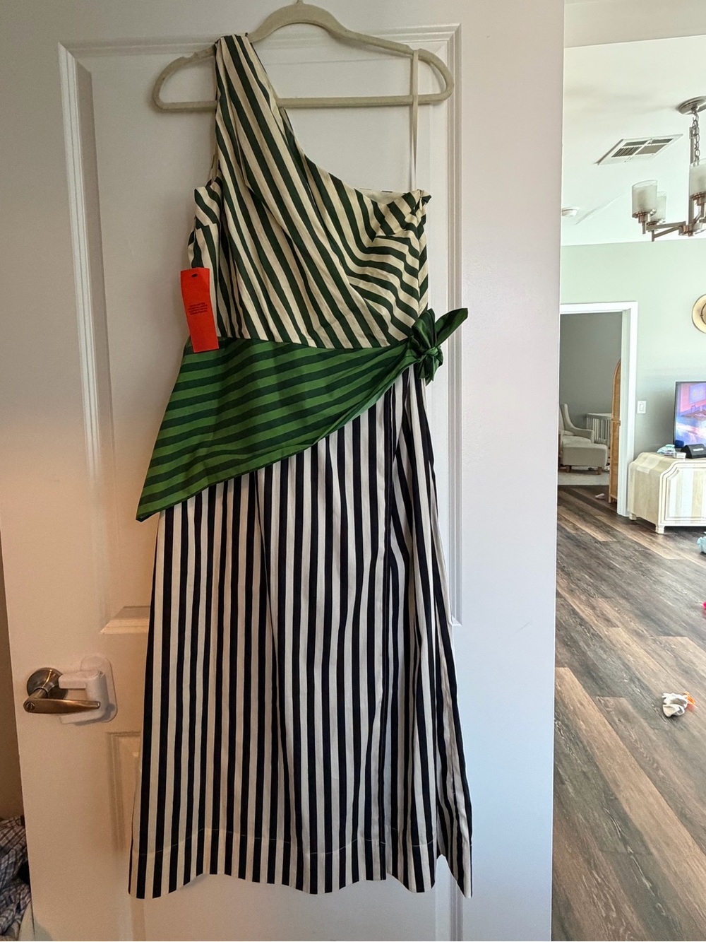 Simon miller Belem One-Shoulder Striped Midi Dress with Green Sash